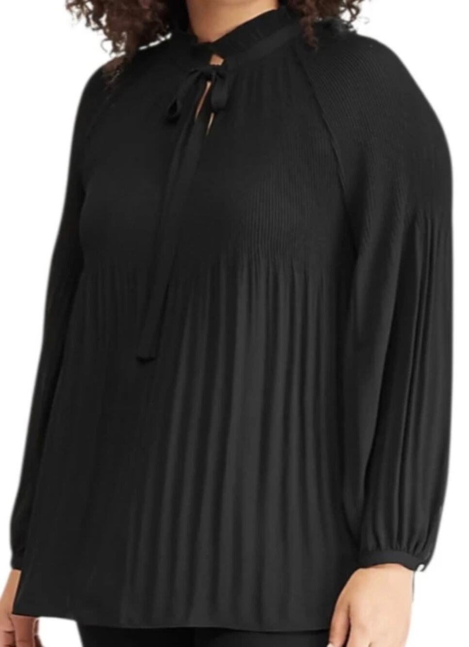 Ralph Lauren Pleated Georgette Tie Neck Blouse Large Black Long Sleeve Top Fancy
